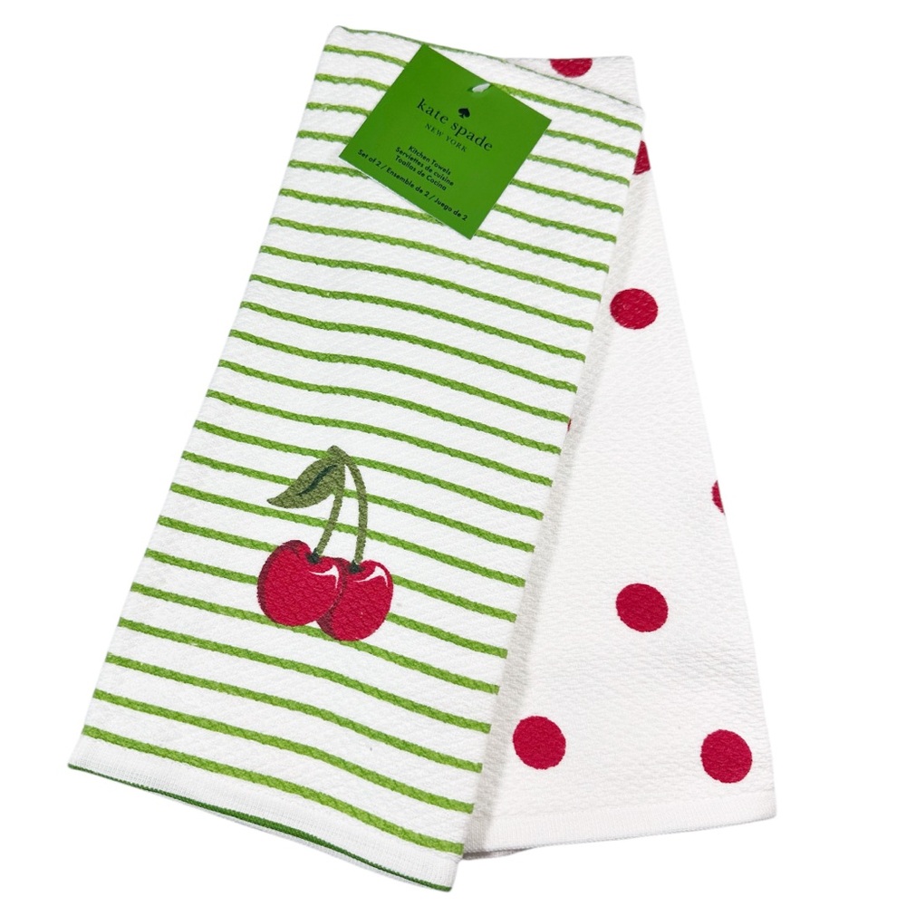 NEW Kate Spade CHERRY STRIPES/POLKA DOT THEMED Kitchen Towels Set/2